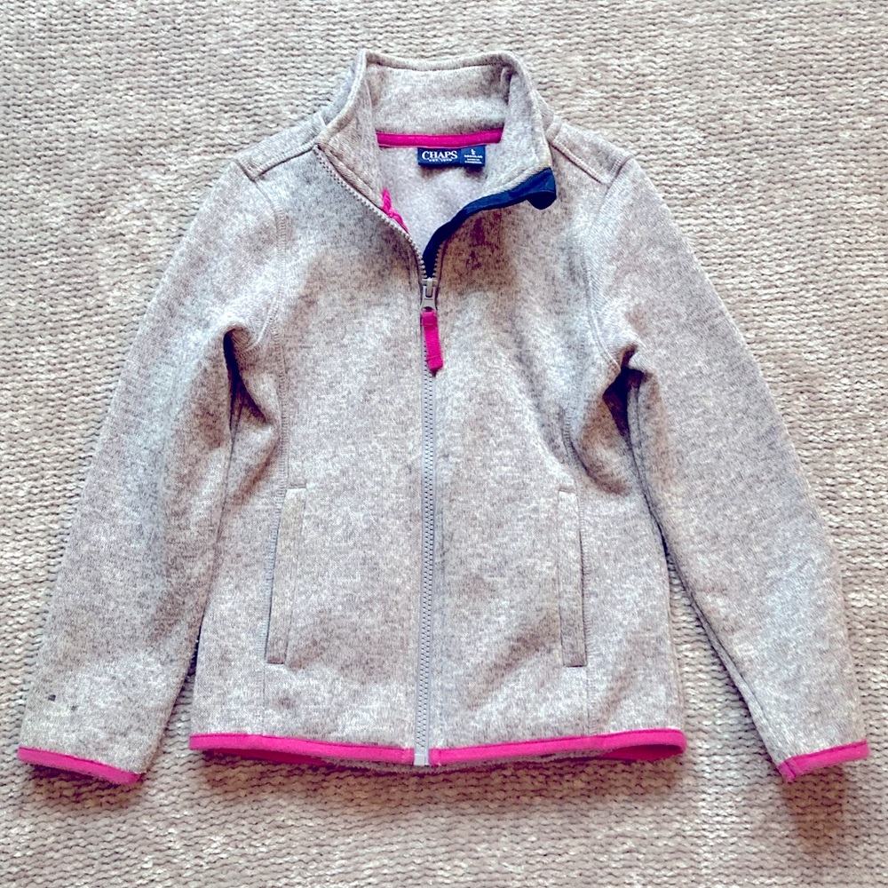 Chaps Girls Heather Gray Fleece Zip Jacket Pink Trim Size 6‎